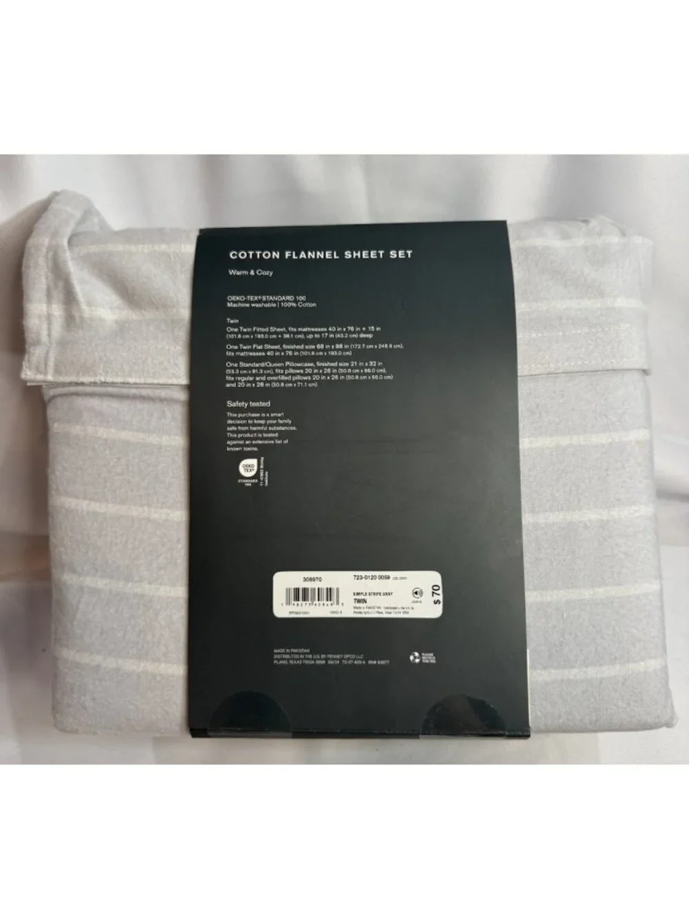 Linden Street Twin Size Flannel Sheet Set Winter Gray Stripe Flat Fitted *T13